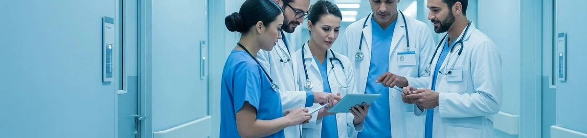 Medizinisches Team bei der gemeinsamen Besprechung an einem Tablet.